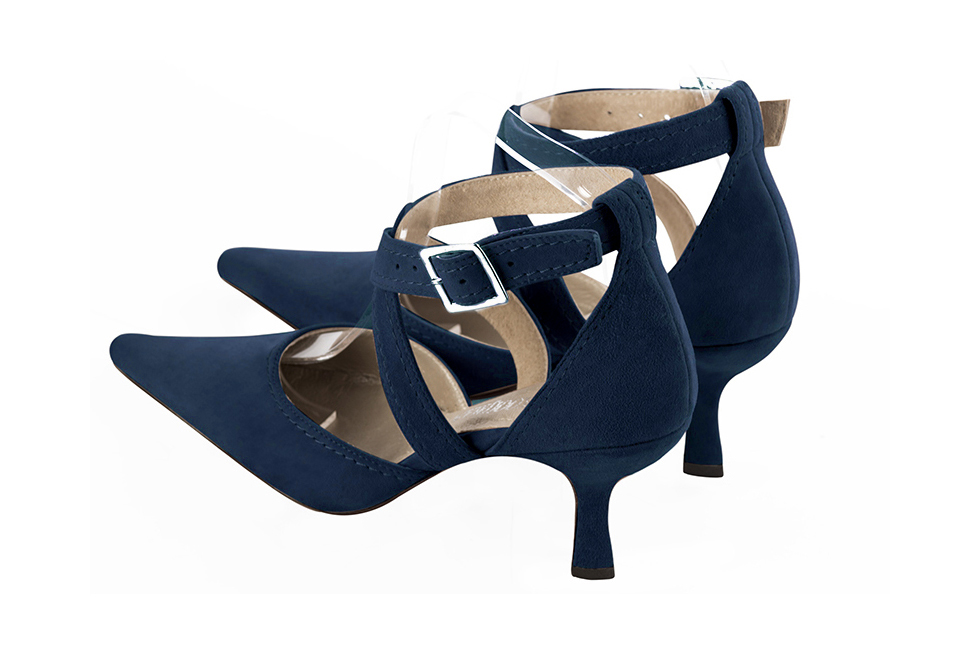 Women's navy blue open side dress shoes, with crossed straps. Pointed toe. High spool heels - Rear view